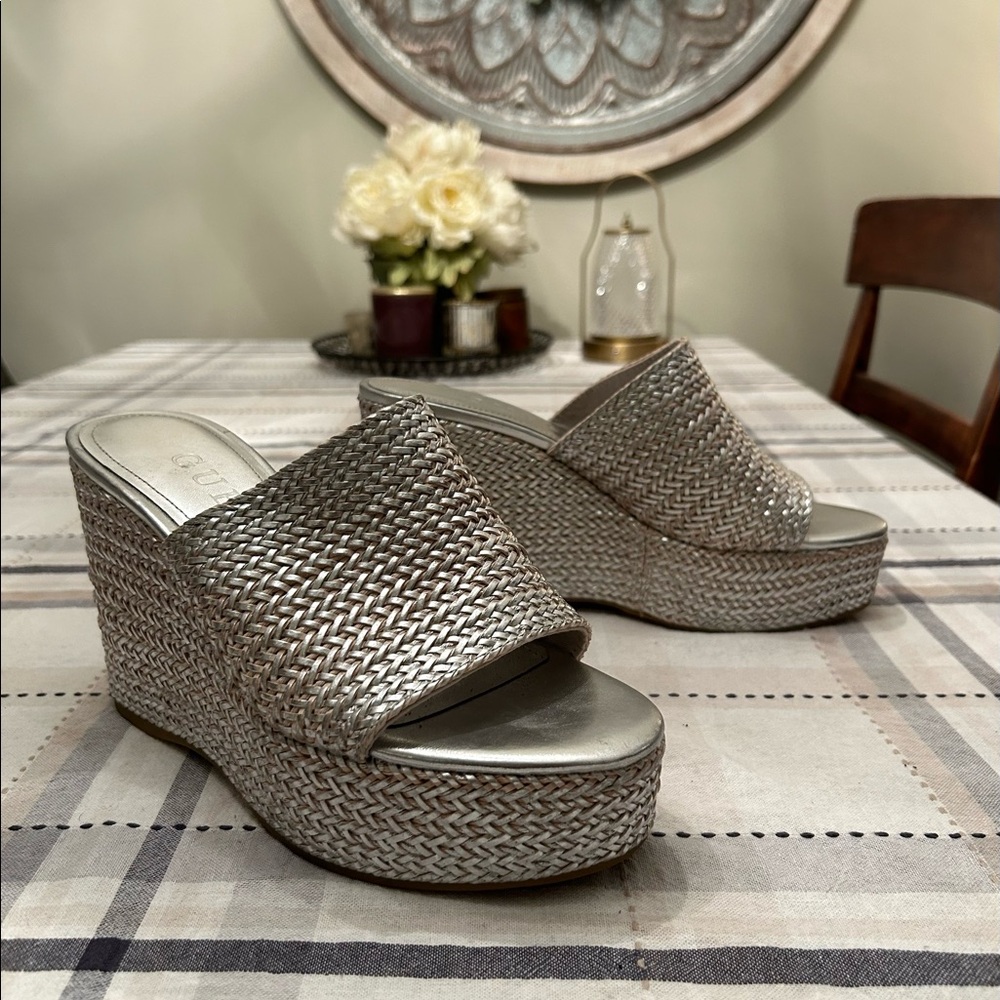 Guess Silver Espadrille Platform Wedge Sandal